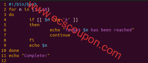 Bash For循环继续语句示例