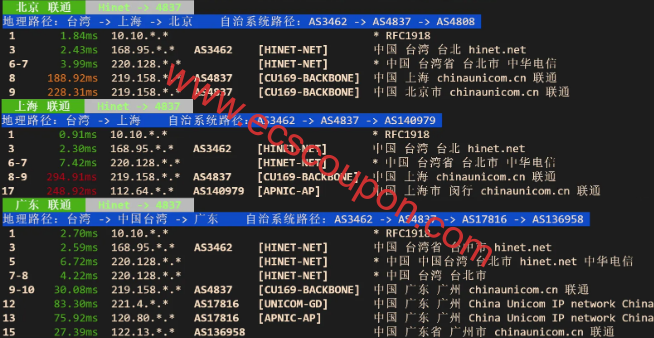 联通去程路由