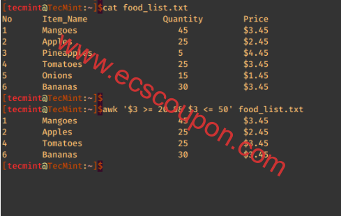 Linux系统通过Awk使用比较运算符和数据过滤示例演示-趣云笔记